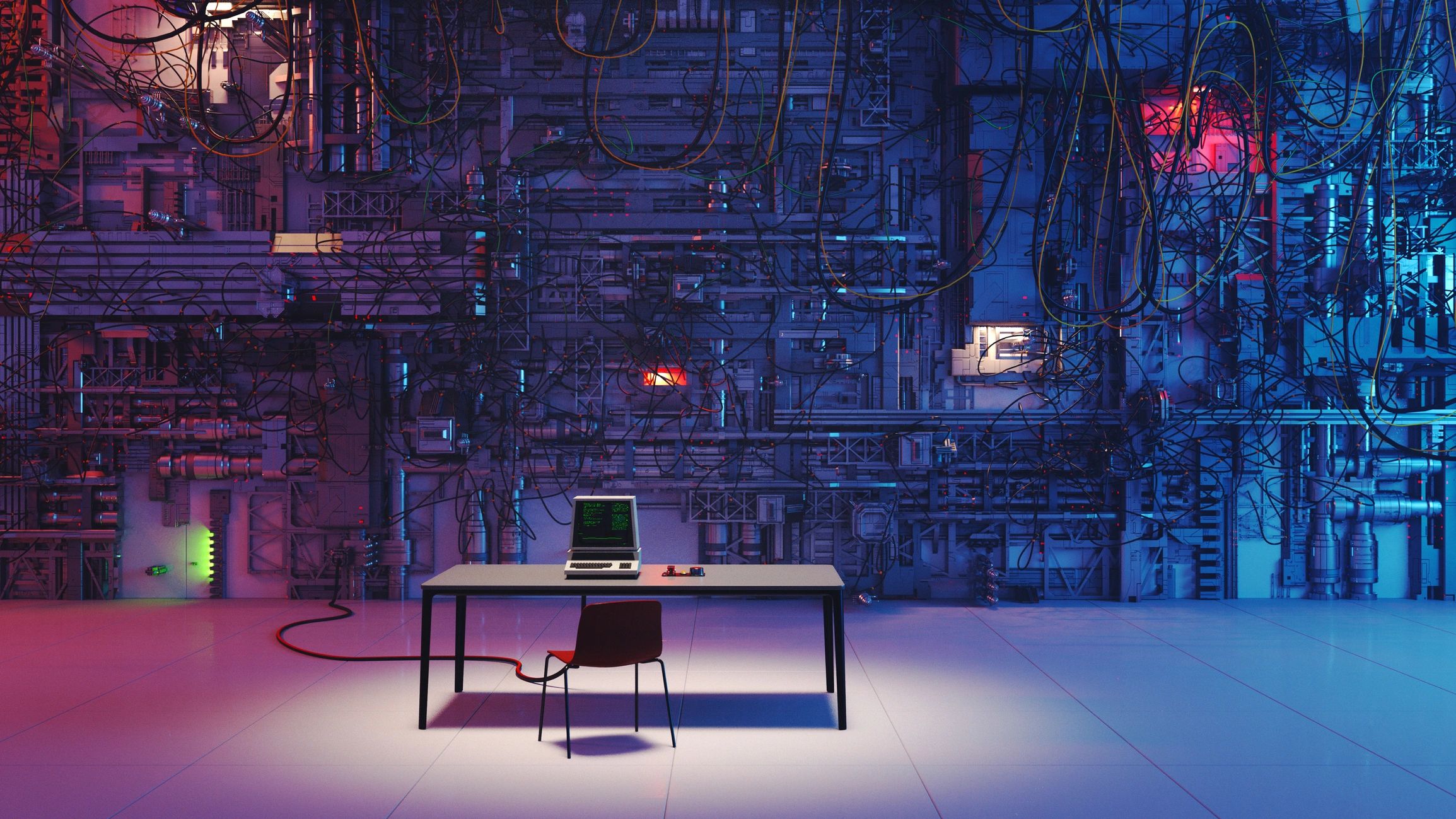 cyber-noir high-tech workspace