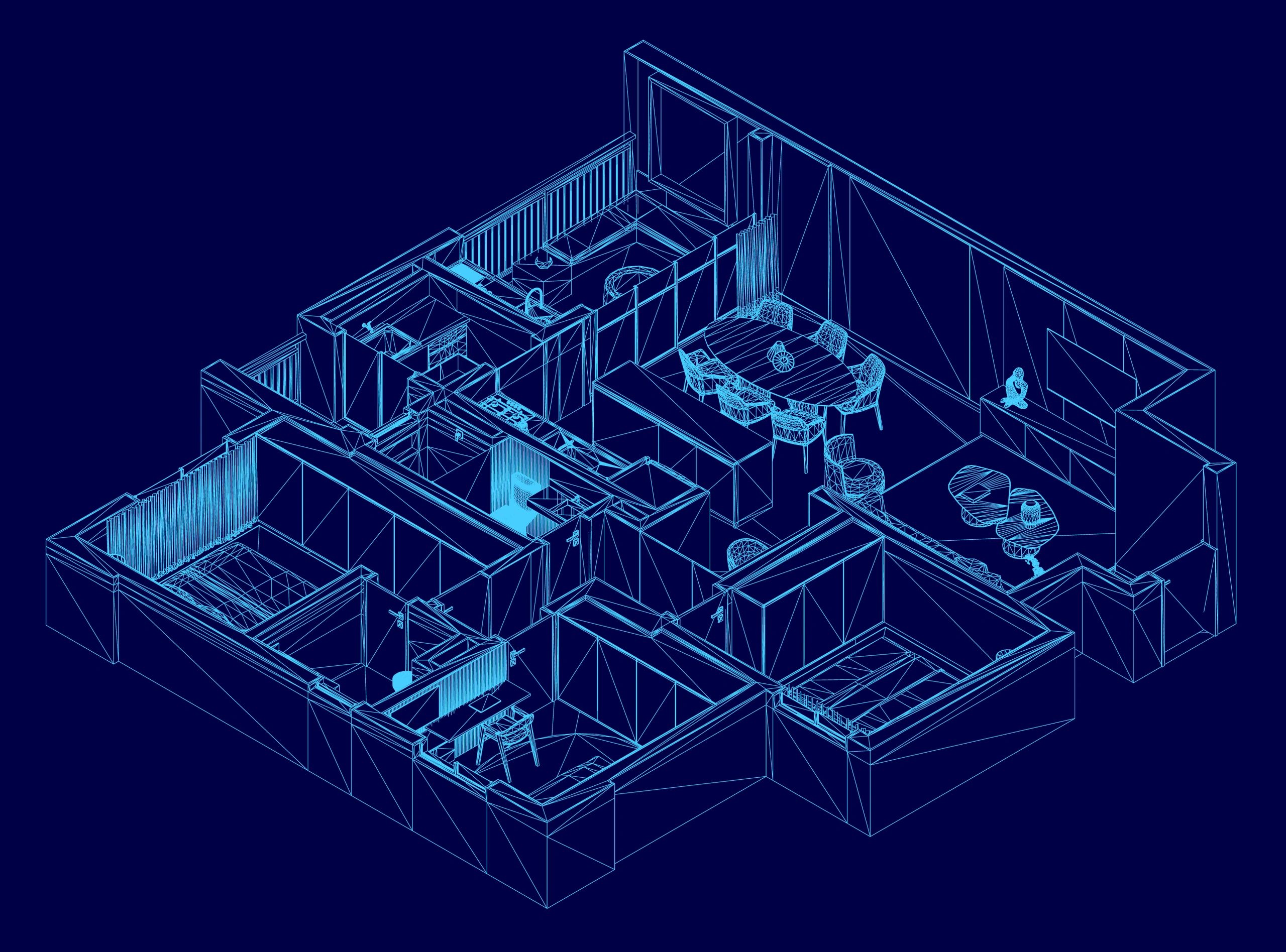 3D wireframe blueprint schematic